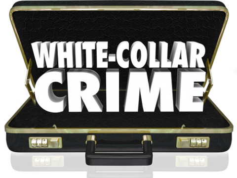 White Collar Crime words in white 3d letters in a black leather briefcase to illustrate professional criminal activities such as embezzlement, fraud and identity theft